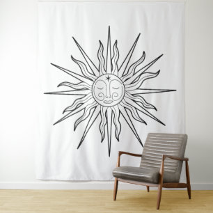 Black & White Whimsical Sun Celestial Backdrop Tapestry