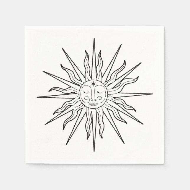 Black & White Whimsical Sun Celestial Birthday Napkin (Front)