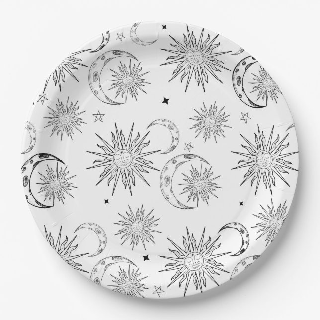 Black & White Whimsical Sun Celestial Birthday Paper Plate (Front)