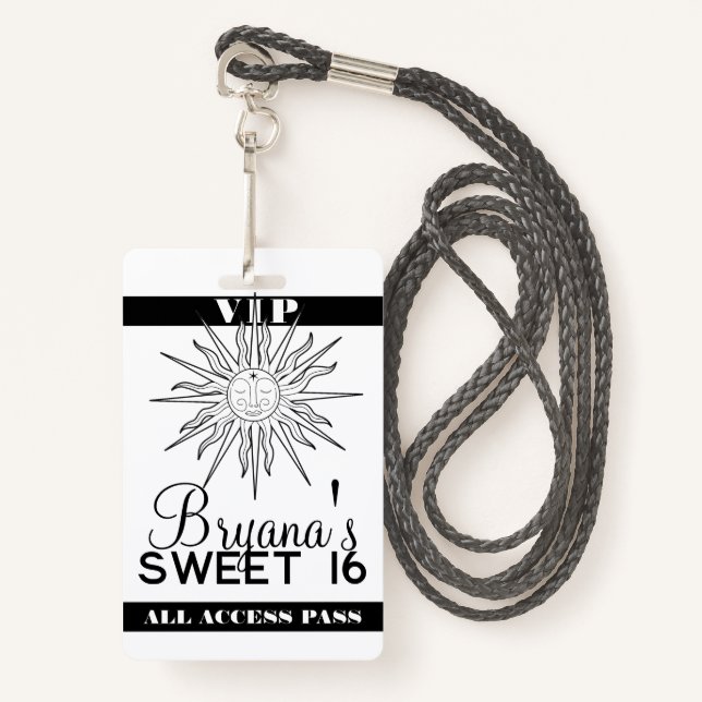 Black White Whimsical Sun Celestial Birthday VIP  Badge (Front with Lanyard)