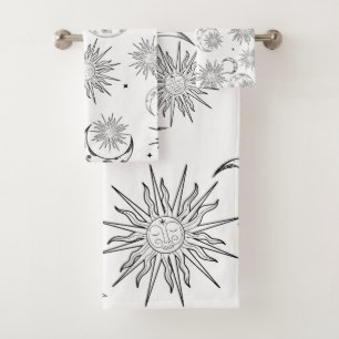 Black & White Whimsical Sun Moon & Stars Bath Towel Set
