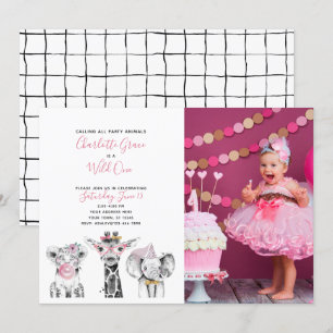 Black White Wild One Girl's First Birthday Photo Invitation