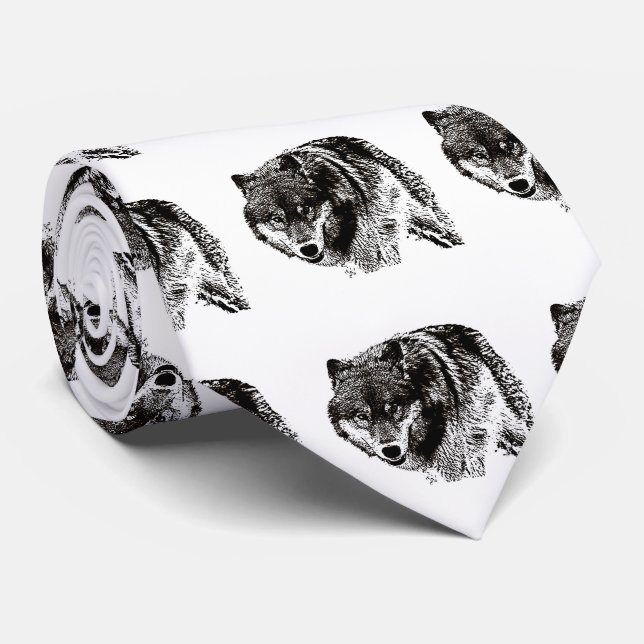 Black White Wild Wolf Artwork Tie (Rolled)