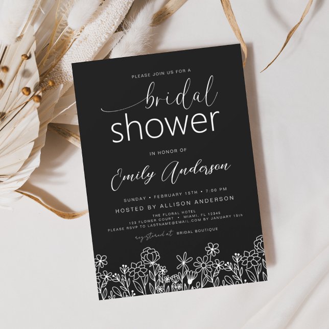Black White Wildflower Bridal Shower Invitation Flyer (Creator Uploaded)
