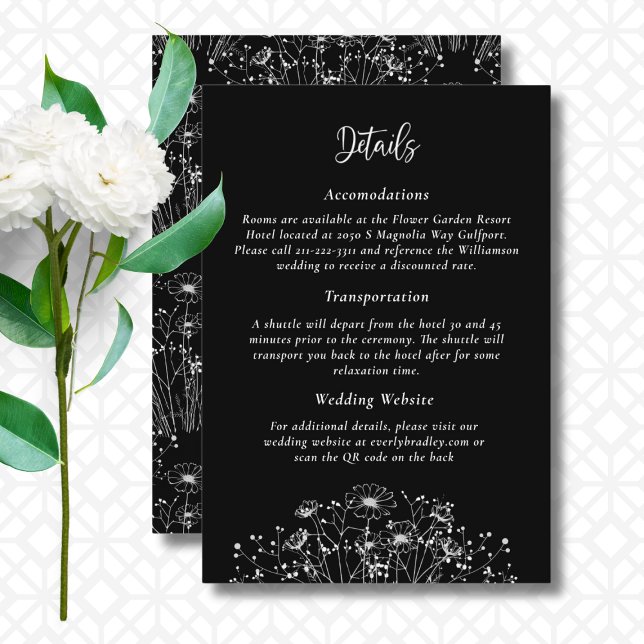 Black White Wildflower QR Code Details Wedding  Enclosure Card (Creator Uploaded)