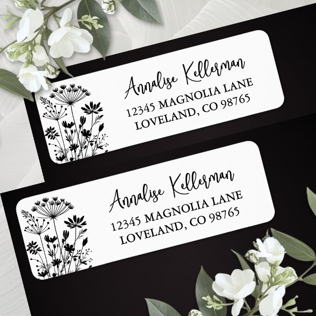 Black White Wildflower Return Address (Black White Wildflower Return Address Label )