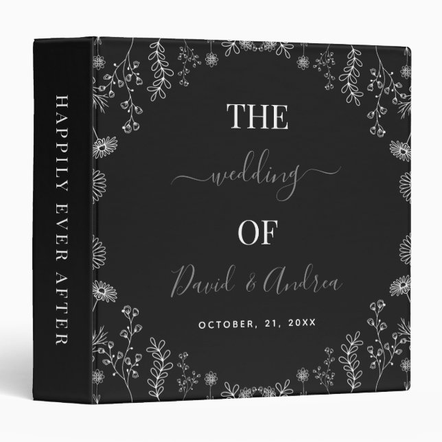 Black & White | Wildflowers Botanical Wedding Chic Binder (Front/Spine)