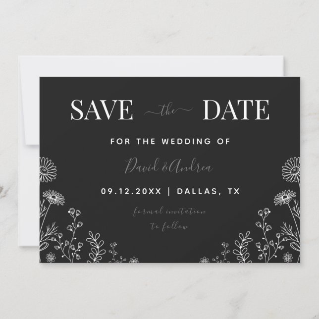 Black White | Wildflowers Drawn Nature Leaves Fall Save The Date (Front)