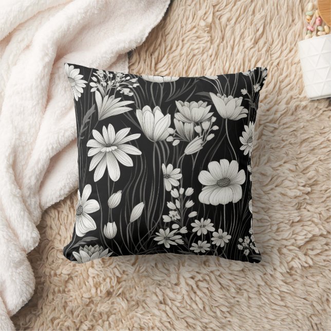 Black White Wildflowers Leaves Botanical Throw Pillow (Blanket)