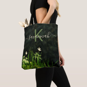 Black white wildflowers monogram name script tote bag