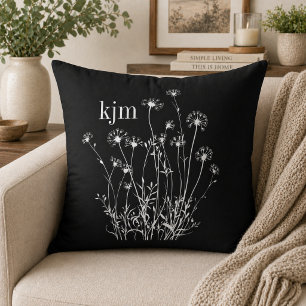 Black & White Wildflowers Monogram Throw Pillow