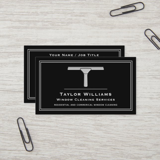 Black White Window Cleaner Cleaning Services Clean Business Card (Front/Back In Situ)