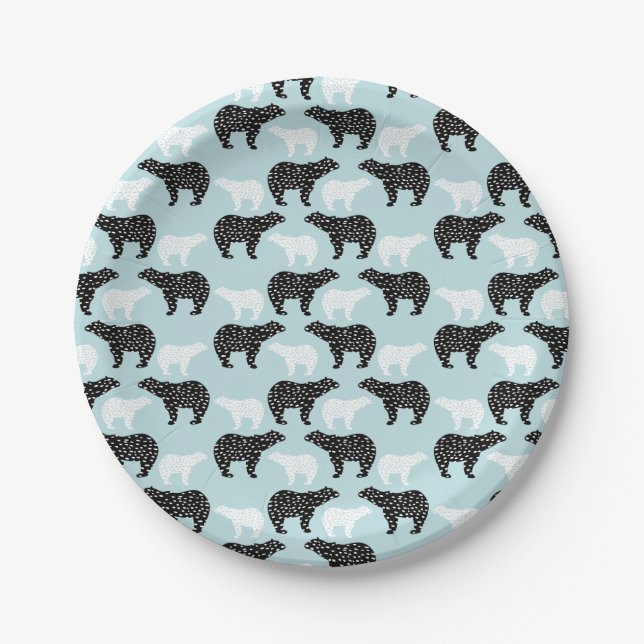 Black White Winter Forest Bear Paper Plate (Front)