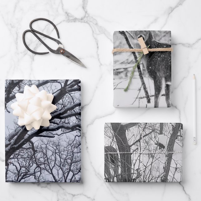 Black White Winter Nature Wildlife Deer Wrapping Paper Sheet (Front)
