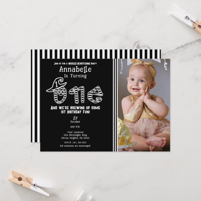 Black White Witch Halloween Photo 1ST Birthday  Invitation (Front/Back In Situ)