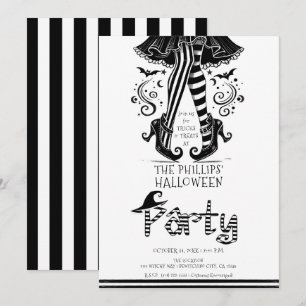 Black & White Witch Legs Whimsical Halloween Party Invitation