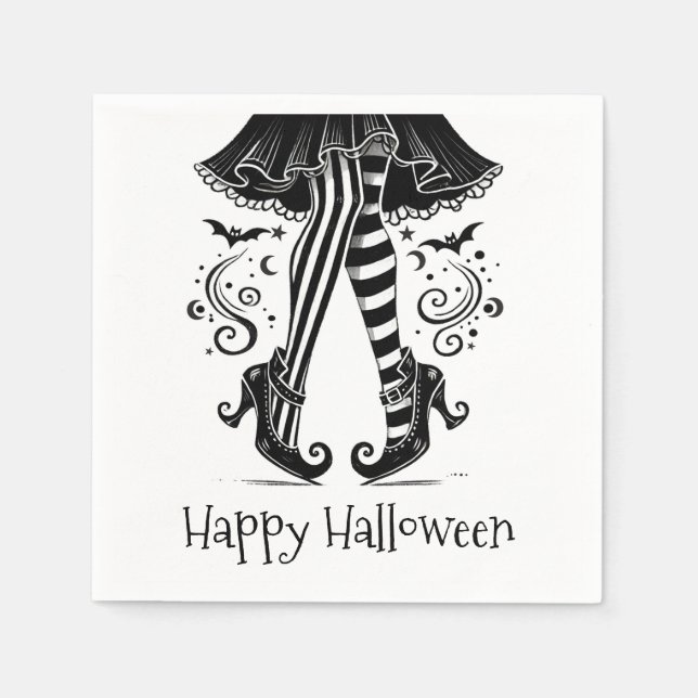 Black & White Witch Legs Whimsical Halloween Party Napkin (Front)