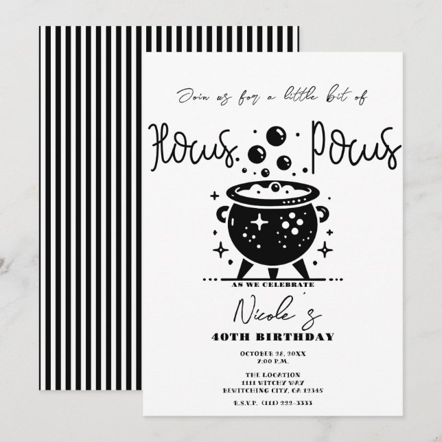 Black & White Witchy Cauldron Halloween Birthday  Invitation (Front/Back)