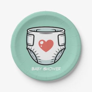 Black & White with a Red Heart Baby Diaper Paper Plate