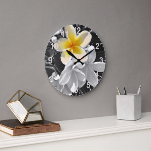 Black White With One Yellow Frangipani Round Clock