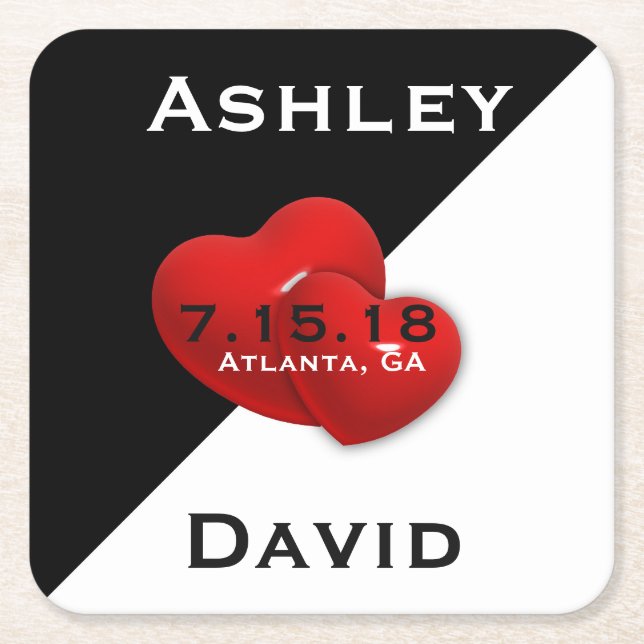 Black White with Red Heart Save The Date Coaster (Front)