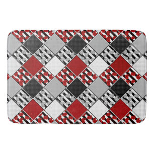 Black white with red retro patchwork bath mat