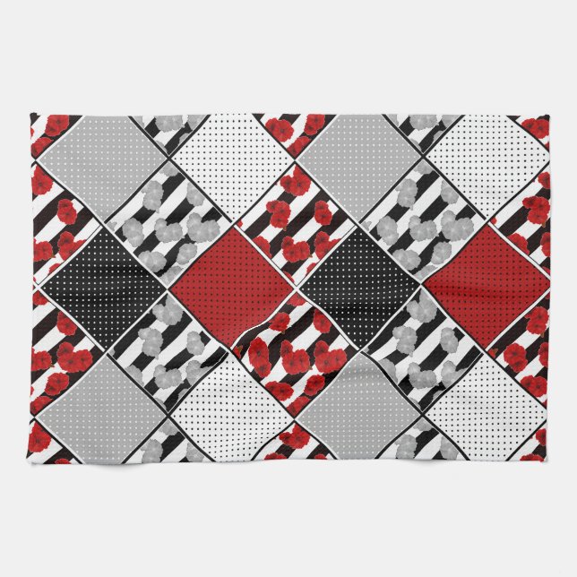 Black white with red retro patchwork kitchen towel (Horizontal)