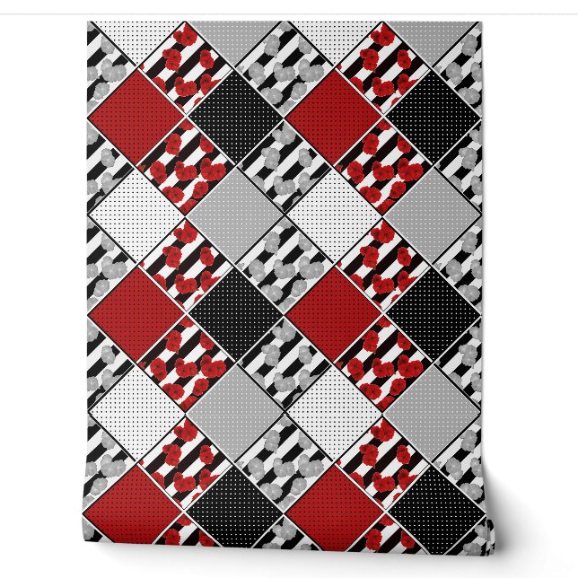 Black white with red retro patchwork wallpaper (Unrolling)