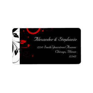 Black +White with Red Reverse Swirl Wedding Label
