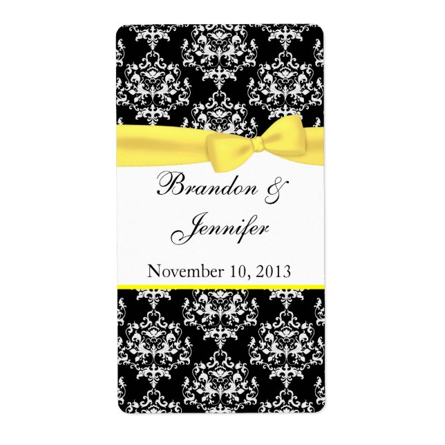 Black & White with Yellow Damask Mini Wine Labels (Front)