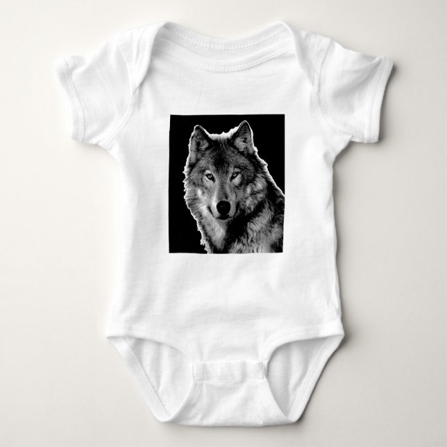 Black & White Wolf Artwork Baby Bodysuit (Front)