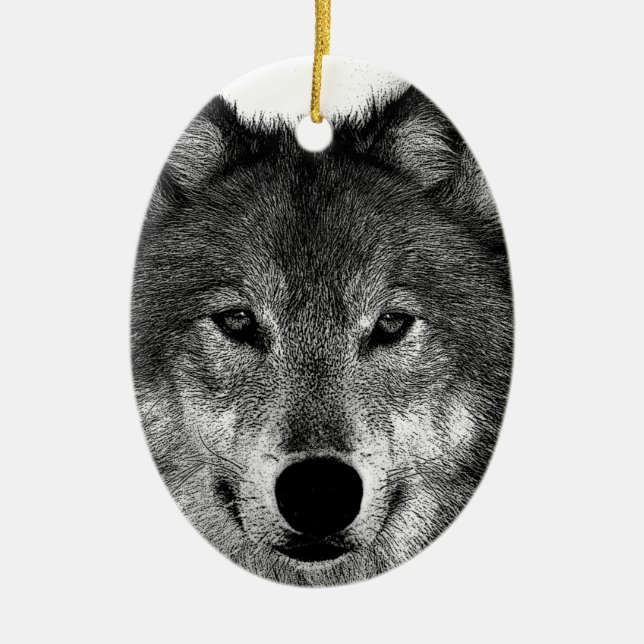 Black & White Wolf Artwork Ceramic Ornament (Front)