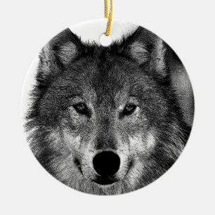 Black & White Wolf Artwork Ceramic Ornament