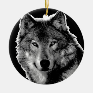 Black & White Wolf Artwork Ceramic Ornament