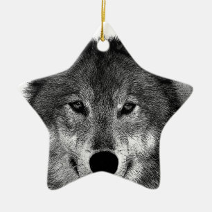 Black & White Wolf Artwork Ceramic Ornament