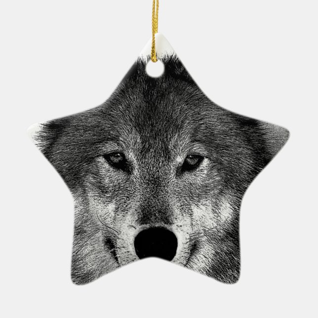 Black & White Wolf Artwork Ceramic Ornament (Front)