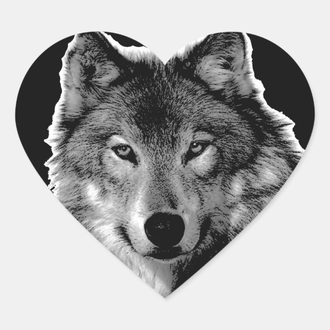 Black & White Wolf Artwork Heart Sticker (Front)
