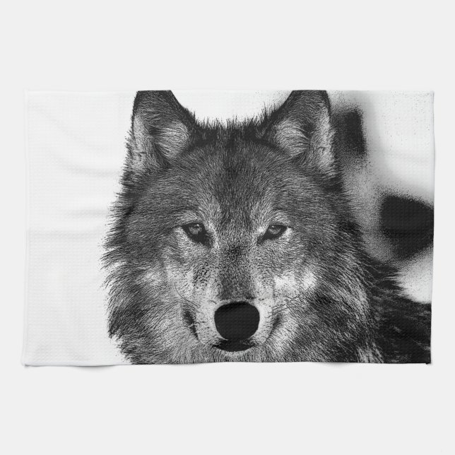 Black & White Wolf Artwork Kitchen Towel (Horizontal)
