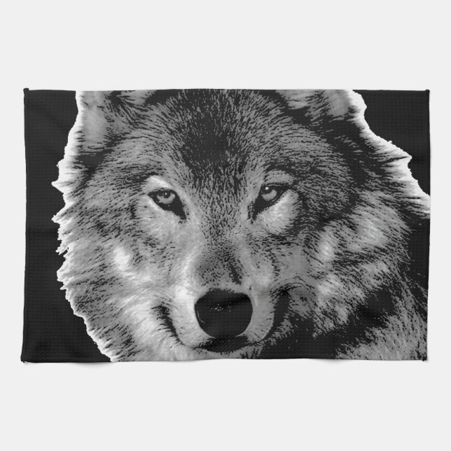 Black & White Wolf Artwork Kitchen Towel (Horizontal)
