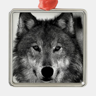 Black & White Wolf Artwork Metal Ornament