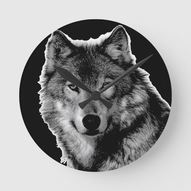 Black & White Wolf Artwork Round Clock (Front)