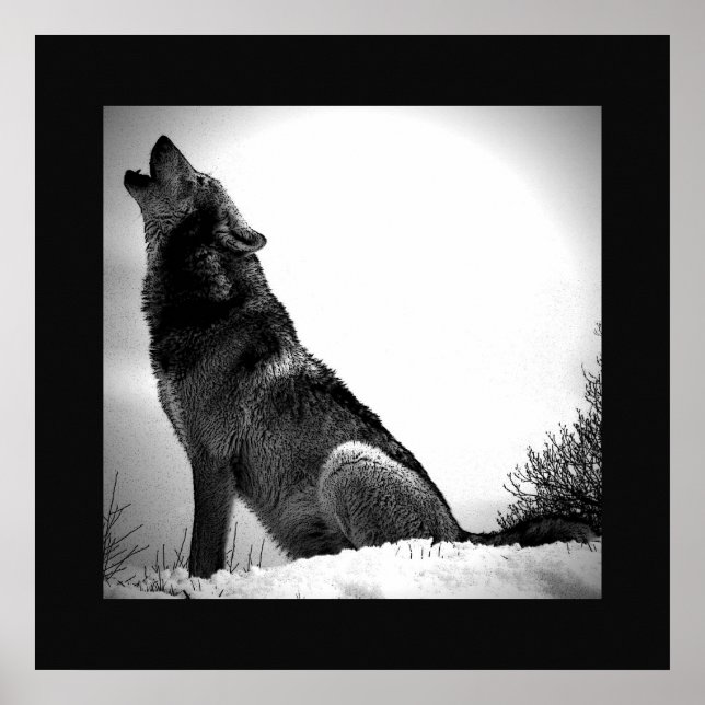 Black & White Wolf Howing at Moon Poster Imprimer (Devant)