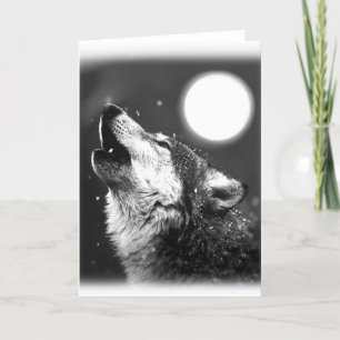 Black & White Wolf Howling at Moon Greeting Card