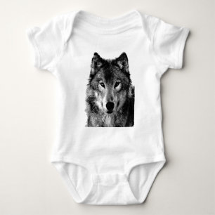 Black & White Wolf Portrait Baby Bodysuit