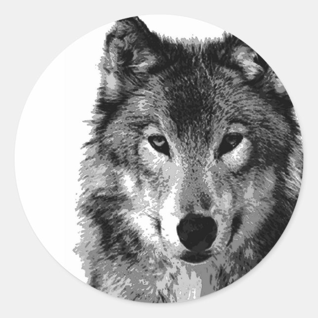 Black & White Wolf Portrait Classic Round Sticker (Front)