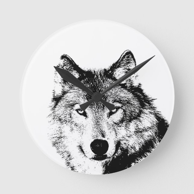 Black & White Wolf Round Clock (Front)