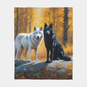Black White Wolves Fleece Blanket