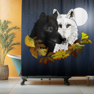 Black White Wolves Moonlight Autumn Leaves