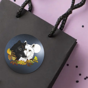 Black White Wolves Moonlight Autumn Leaves Classic Round Sticker