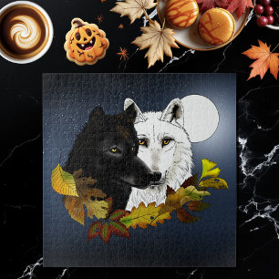 Black White Wolves Moonlight Autumn Leaves Jigsaw Puzzle